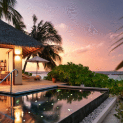 Aftenkig fra poolterrassen på Baros Maldives